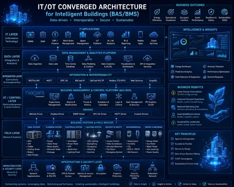 Layered IT/OT architecture diagram for an intelligent building: field devices and building systems at the bottom, the building management and control platform with protocol drivers in the middle, and data management, analytics and IT applications at the top, with infrastructure and security layers alongside